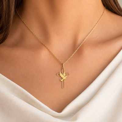 Pendentif Croix Ajourée & Colombe, Or Jaune, 26 mm - Lumiosa
