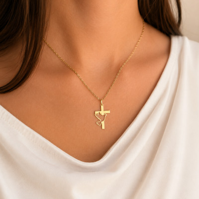 Pendentif Croix & Colombe Ajourée, Or Jaune, 26 mm - Lumiosa