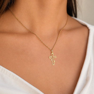 Pendentif Croix Orthodoxe Ajourée, Or Jaune, 22 mm - Lumiosa