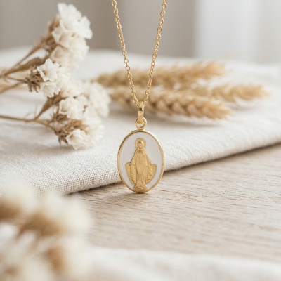 Médaille Vierge Miraculeuse, Or Jaune 750 & Laque, 10x7mm - Emanessence