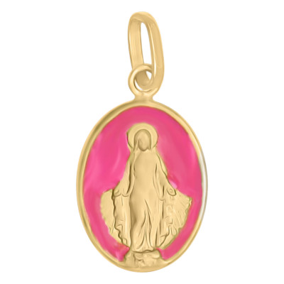 Médaille Vierge Miraculeuse, Or Jaune 750 & Laque rose, 10x7mm - Emanessence