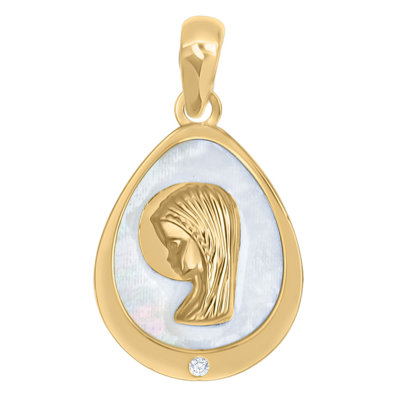 Médaille Vierge, Or Jaune 750 & Nacre, Diamant 0,01ct - Emanessence