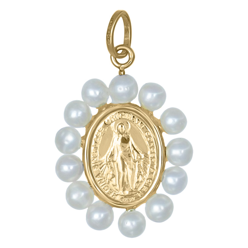 Médaille Vierge miraculeuse, Or Jaune 750 & Perles - Emanessence