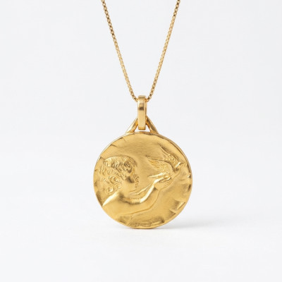 Médaille Ange & Colombe, Or Jaune, 18 mm - Lucas Lucor