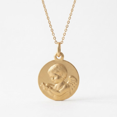 Médaille Ange à la colombe, Or Jaune 375, 16mm - Emanessence