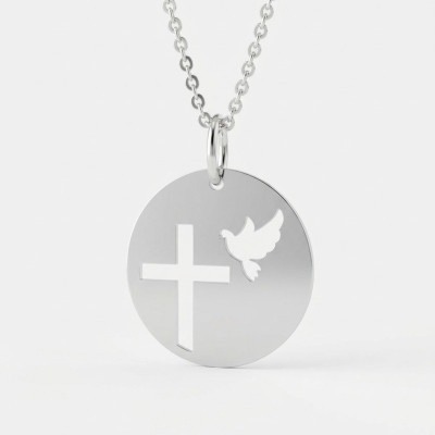Médaille Croix & Colombe, Or Blanc, 20mm - Lucas Lucor