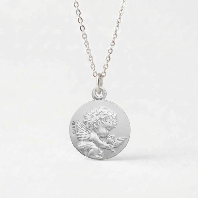 Médaille Ange à la Colombe, Or blanc 750, 14mm - Augis