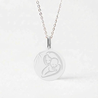 Médaille Vierge à l'Enfant Tendre, Or Blanc, 15mm - Lucas Lucor
