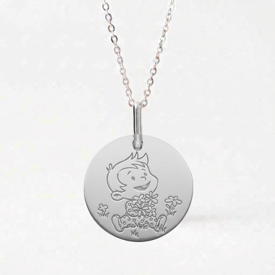 Médaille Garçon & Fleurs, Or Blanc, 16mm - La Fée Galipette