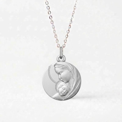 Médaille Vierge à l'enfant, Argent 925, 16mm - Emanessence