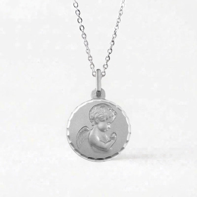 Médaille Ange en Prière facetté, Or Blanc 375, 14mm - Argyor