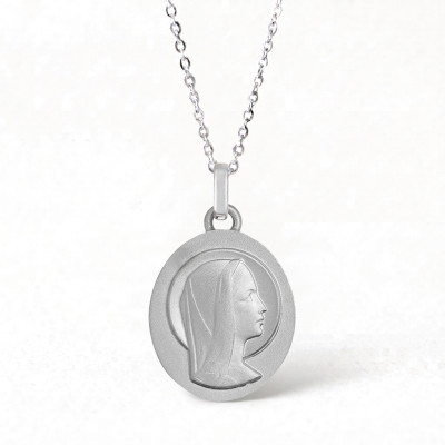 Médaille Sainte Vierge de profil, Or blanc 375, 13x14mm - Emanessence