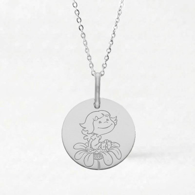 Médaille Fille sur fleur, Or Blanc, 16mm - La Fée Galipette