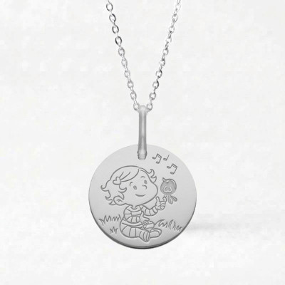 Médaille Fille & Oiseau, Or Blanc, 16mm - La Fée Galipette