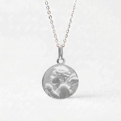 Médaille Ange Raphaël En Prière, Or Blanc 375, 13 mm - Emanessence