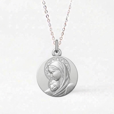 Médaille Vierge à l'enfant auréolé, Argent 925, 18mm - Lumiosa