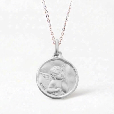 Médaille Ange Raphaël, bord cachet, Or blanc 750, 16mm - Augis