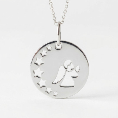 Médaille Ange en Prière Ajouré & Étoiles, Argent 925, 16 mm - Emanessence